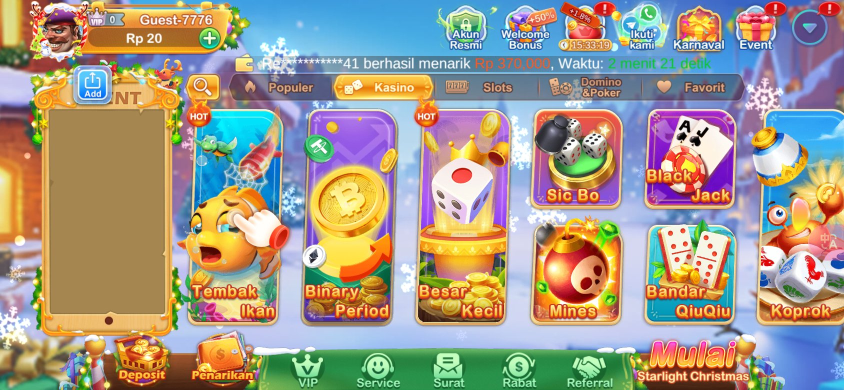Game kasino populer seperti Tembak Ikan dan Sic Bo tersedia di K3K3 2 4 6087 C.